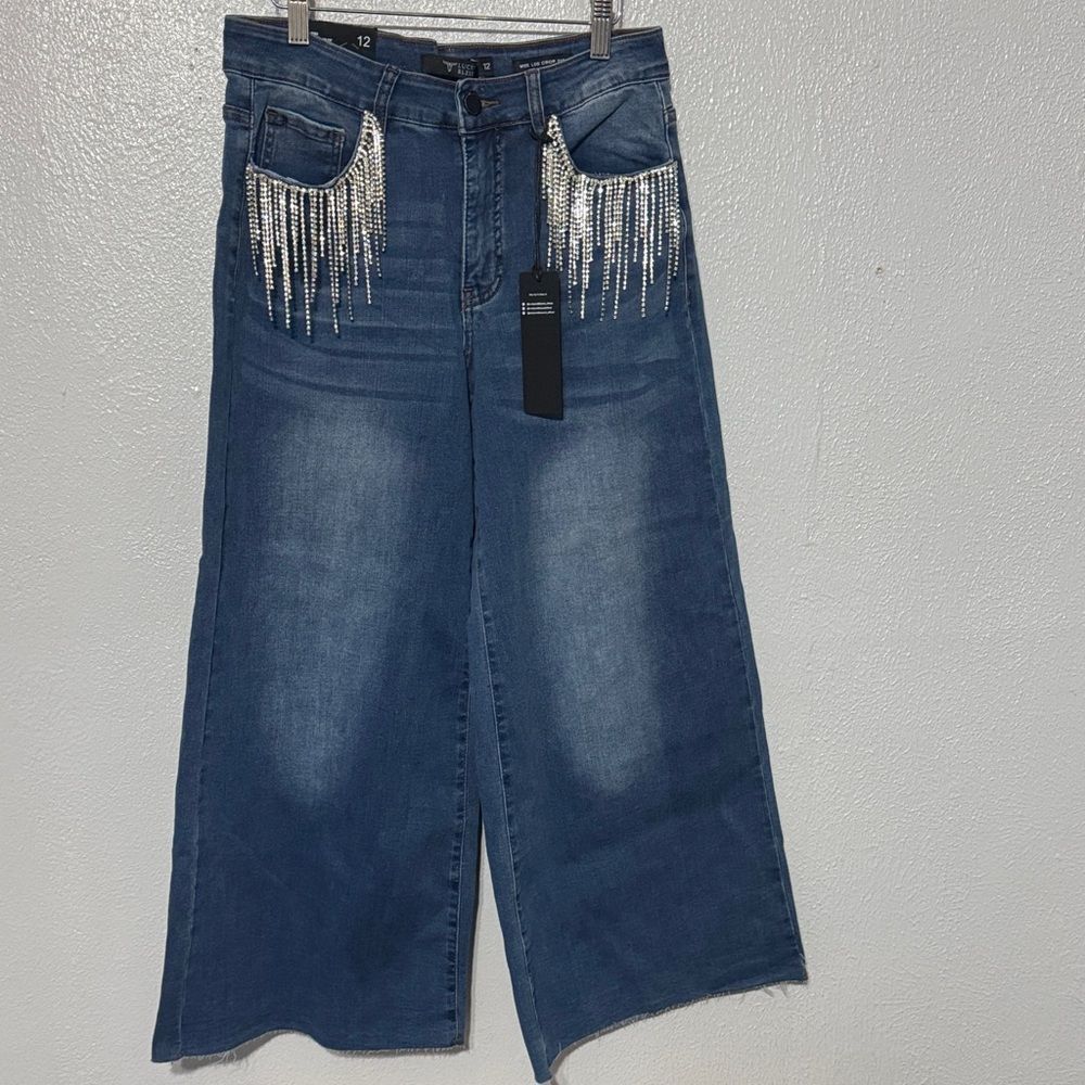 Lucky & Blessed Crystal Tassel Flare Wide Leg Crop Jeans Barbiecore Western Glam